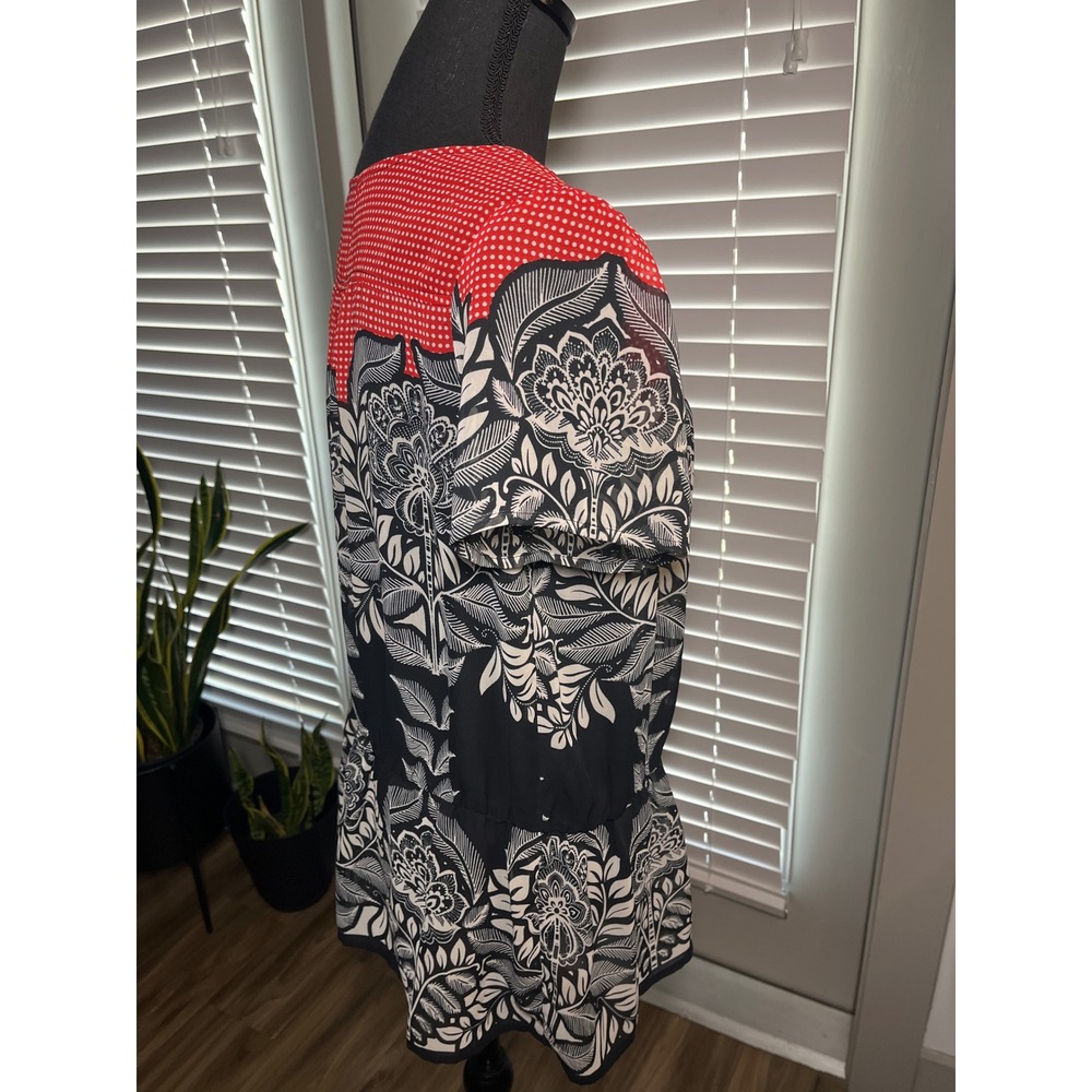 Missimo Boho Peasant Top Large Black White Floral Red Mixed Print Sheer - Picture 3 of 9